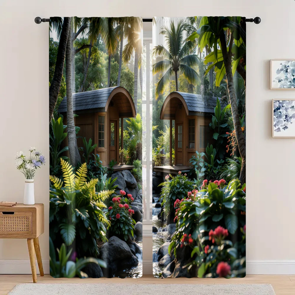 

2pc, Scene Curtains Modern chalet in lush forest Versatile Polyester,Without Electricity Versatile Use for translucent