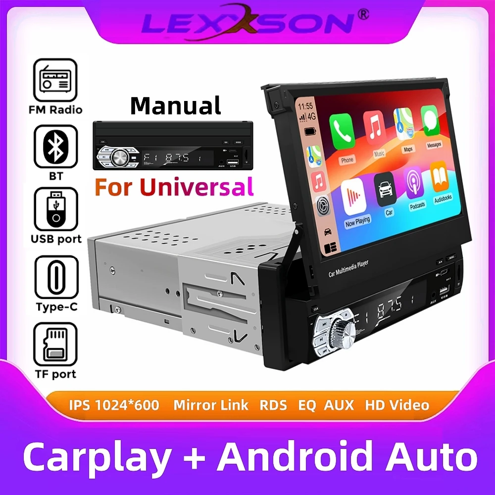 Carplay Android Auto Universal 1 Din MP5 Player 7 Inch Retractable Touch Screen Car Player HD FM AUX Input BT Radio Mirror Link