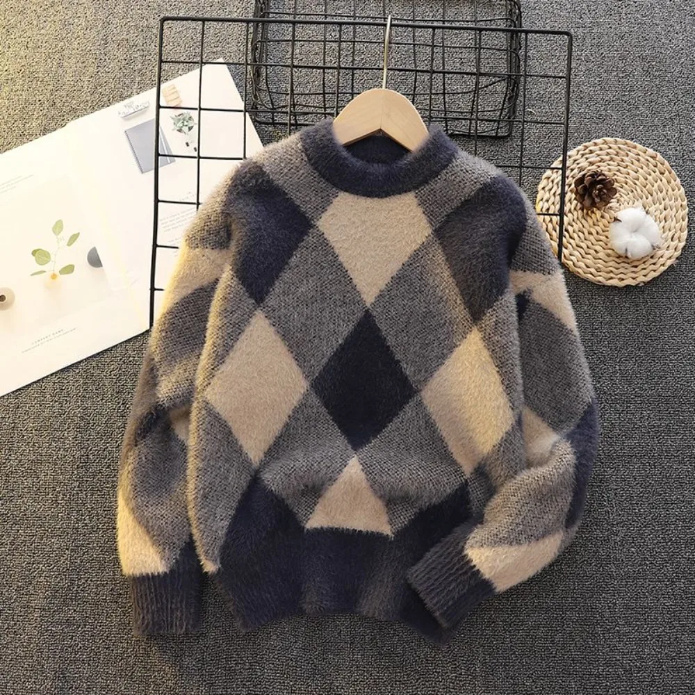 Boys Plaid Sweater Autumn Winter Thickened Knit Pullover Korean Style Handsome Casual Top Kids Fashion Warm Jumper