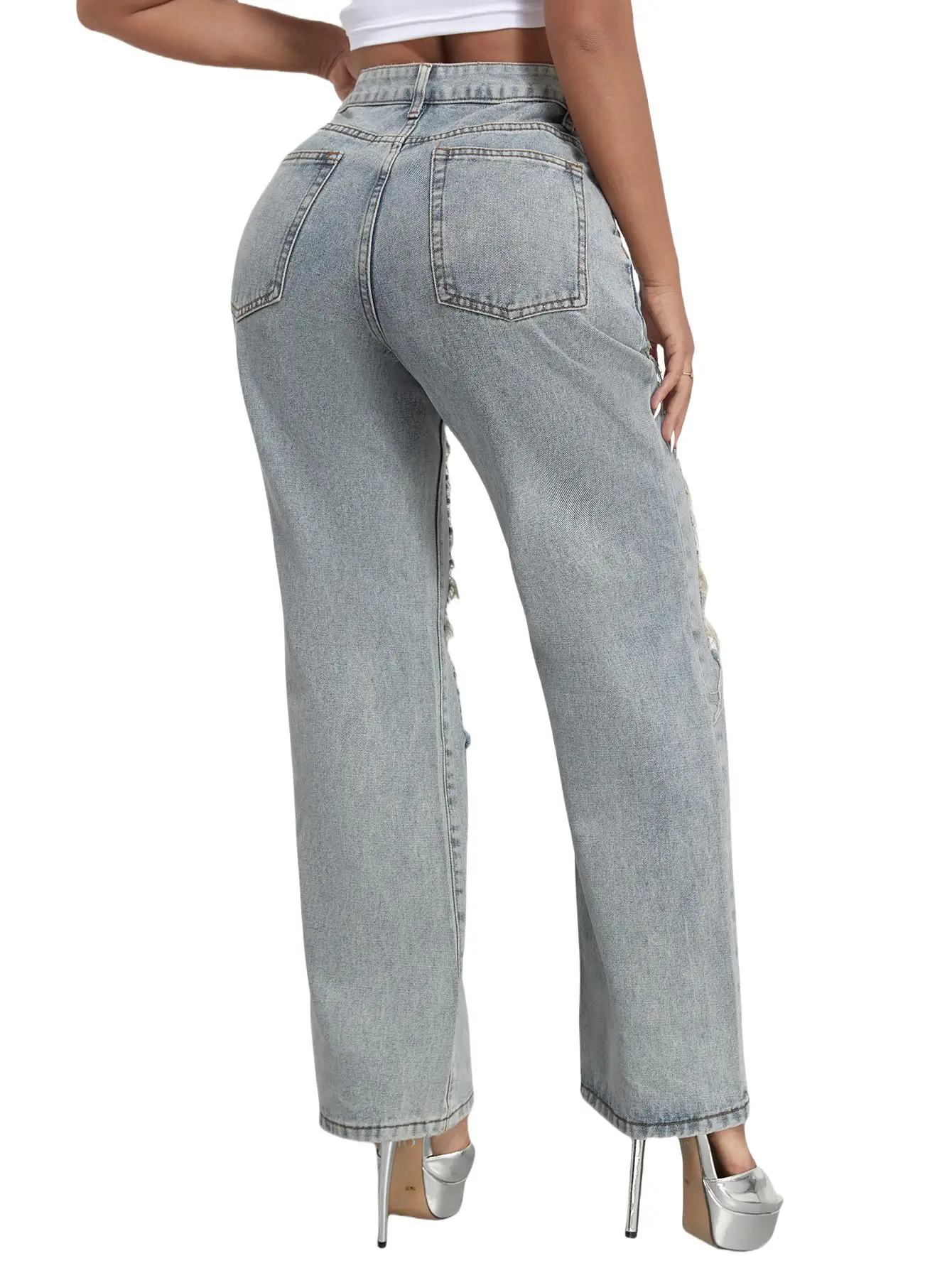 Summer Outfit-Butt Lifting Straight Leg Ripped Hole Denim Pants High Waisted Ripped Jeans Loose-fitting Womenswear Trouser