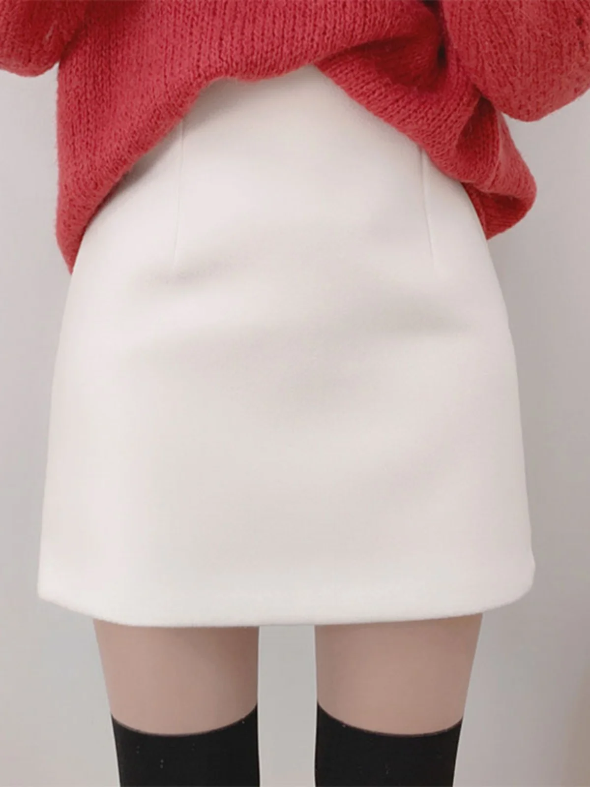 Weißer A-Linien-Rock mit hoher Taille, Damen-Wollrock, schlankmachender Stil für Herbst und Winter, Röcke, faionable Trend