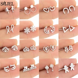 Mini Stainless Steel Earrings for Women Geometric Cat Fish Crown Heart Key Face Earring Korean Star Moon Studs Jewelry Gift