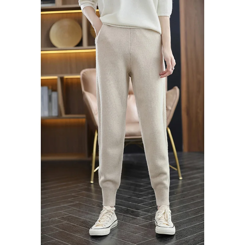 

Basic 100% Merino Wool Casual Solid Color High-Waisted Pants Trousers Cashmere Soft Simple Versatile Knit Slim-Fit Pants