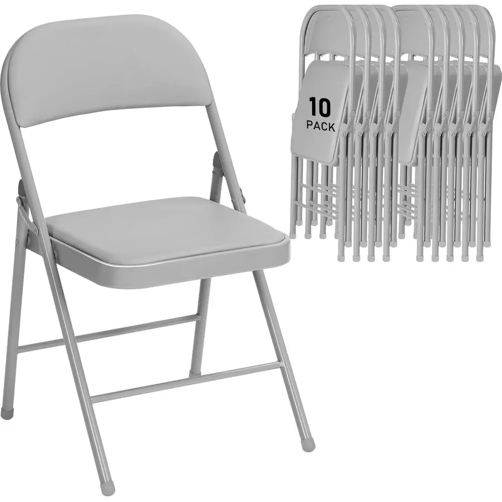 10 Pack Grey Padded Folding Chairs with Cushion, Steel Frame, Portable Stackable Commercial Seats for Events, Office Birthday We