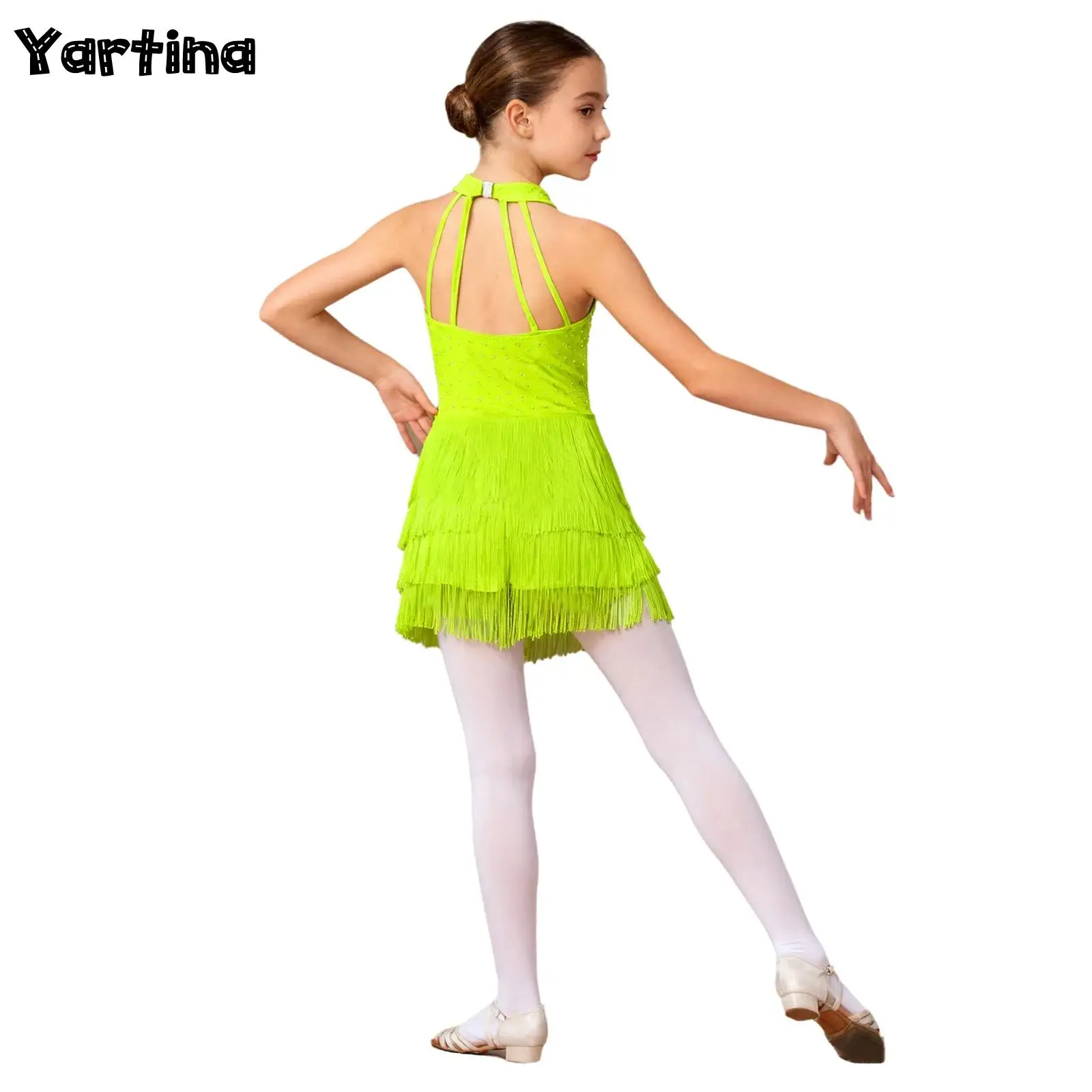 

Kids Girls Latin Dance Costume Glittery Rhinestones Fringe Gymnastics Leotard Dress Halter V-neck Strappy Back Tassel Jumpsuit