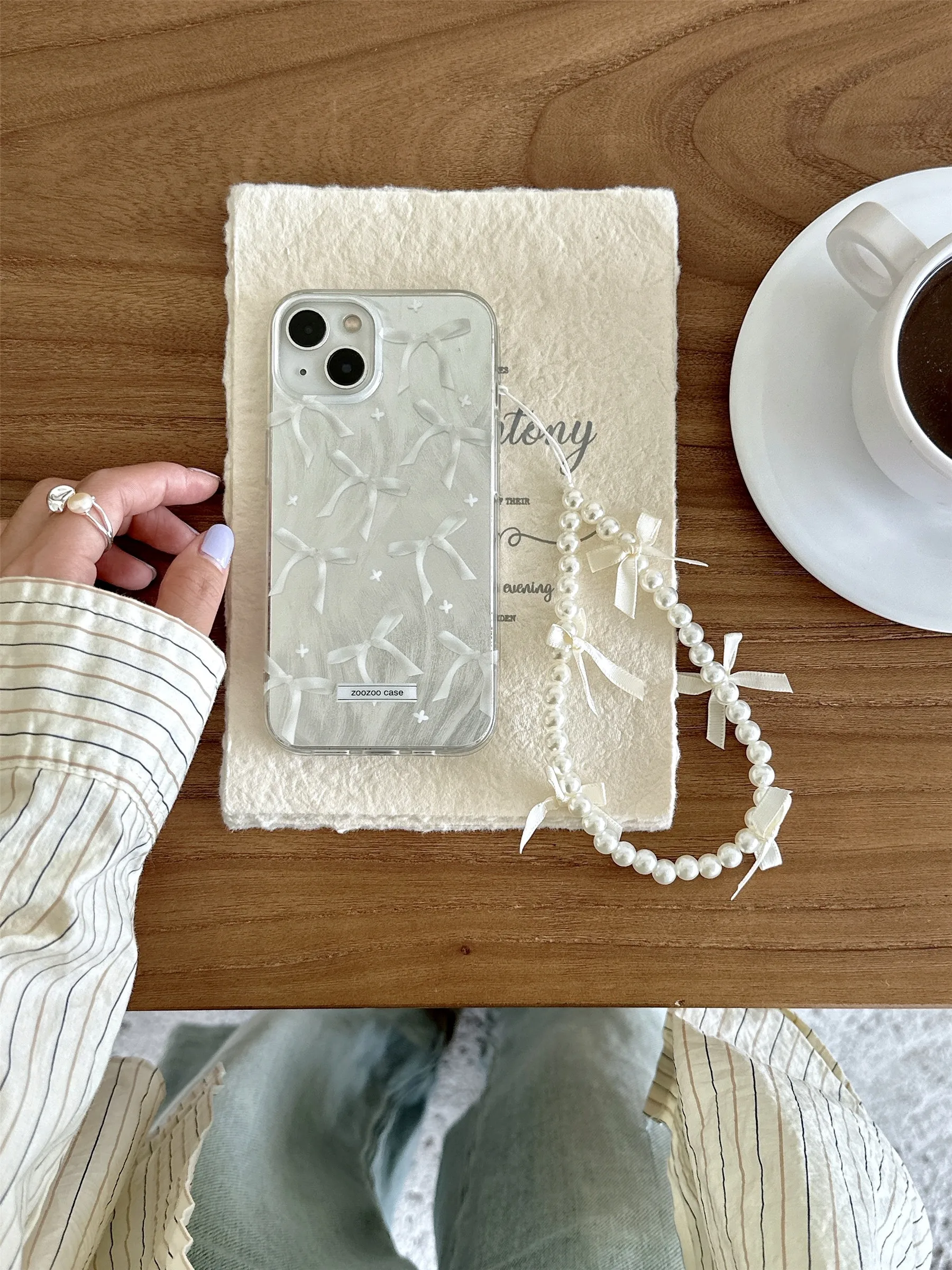 Cute Korean Full Screen Bow Phone Case With Bowknot Pearl Chain for iPhone 15 14 13 12 11 Pro Max Cover with Anti-loss Rope