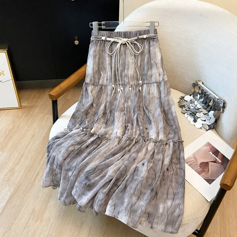 Vintage Ethnic Gray Tie Dye Print Tiered Chiffon Midi Skirt High-waisted Flowy Skirt Tassel Belt Women Cottagecore Fairy Outfits