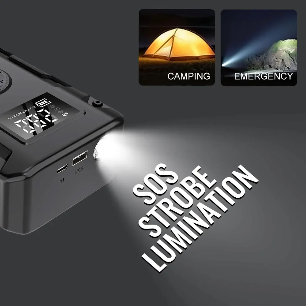 

Автомобильное пусковое устройство 8000A с компрессором 200PSI, портативный аккумулятор 12В, портативный внешний аккумулятор с LED-фонарем, цифровой дисплей