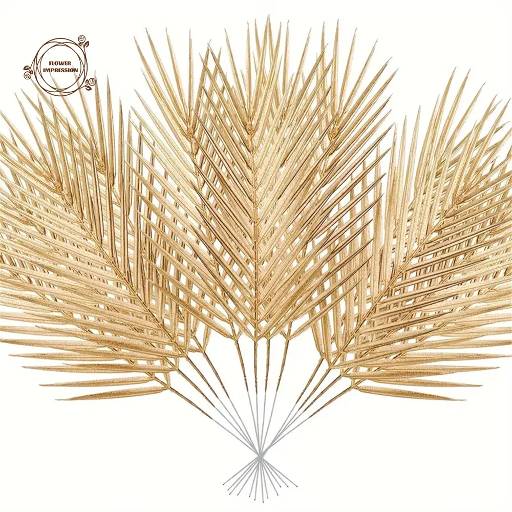 

5/10pcs Golden Artificial Palm Leaves 17" Fake Tropical Plant Iron Leaf For Outdoor Home Table Vase Filler Wedding Room Decors