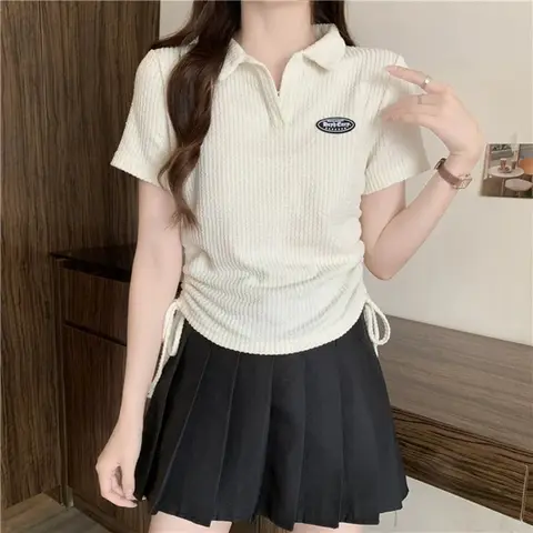 새로운 여성 달콤한 매운 스타일 반팔 티셔츠 레이디 한국어 슬림 피트 타이 업 탑 여성 레저 턴 다운 칼라 자르기 옷