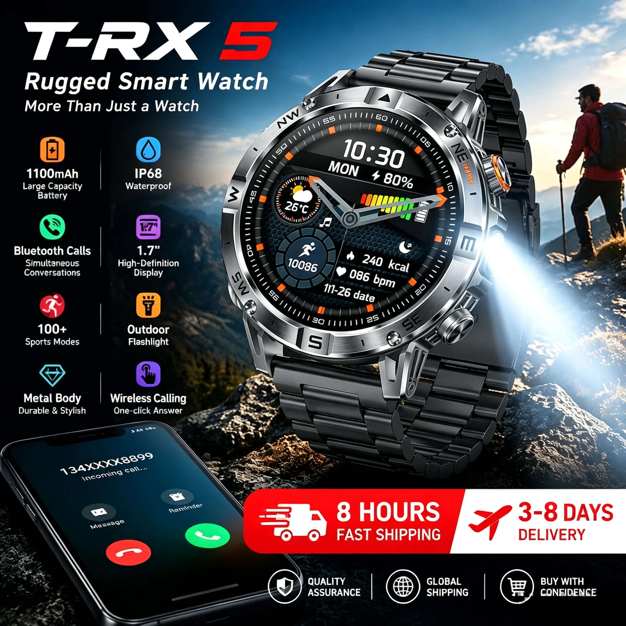 T-RX5 1100mAh Battery Smart Watch GPS AMOLED Screen Bt Call Flashlight Fitness Tracker Watch 5ATM Waterproof Men Smartwatch RUN2