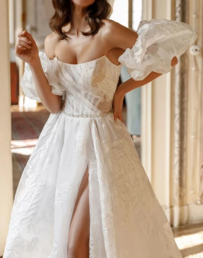 A-line Organza Lace Open Back Detachable Sleeves Long Train Wedding Dresses