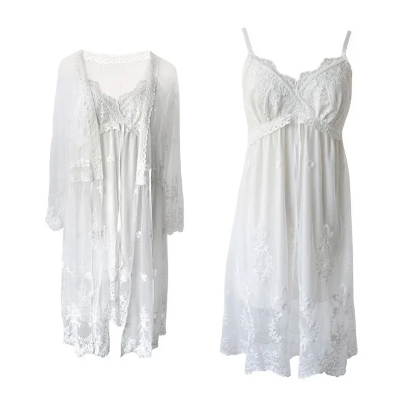2 Pieces Set Women White Lace Elegant Nightgowns Nightdress Sleepwear Lolita Spring Summer Palace Style Vintage Dress Bathro MN1