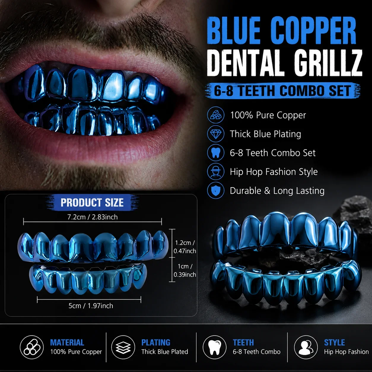 Drak Blue Color Hip Hop Grillz Set 6-8 Teeth Smooth Surface Top & Bottom Teeth Rapper Punk Style Jewelry for Men And Women - view 2