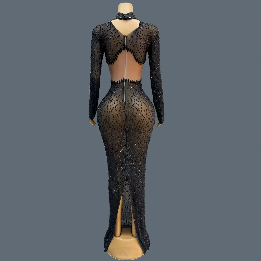Sparkly Zwarte Strass Mesh Sheer Sexy Avondjurk Nachtclub Verjaardagsfeestje Elegante Lange Mouw Jurk Fotoshoot Wear Qinghu