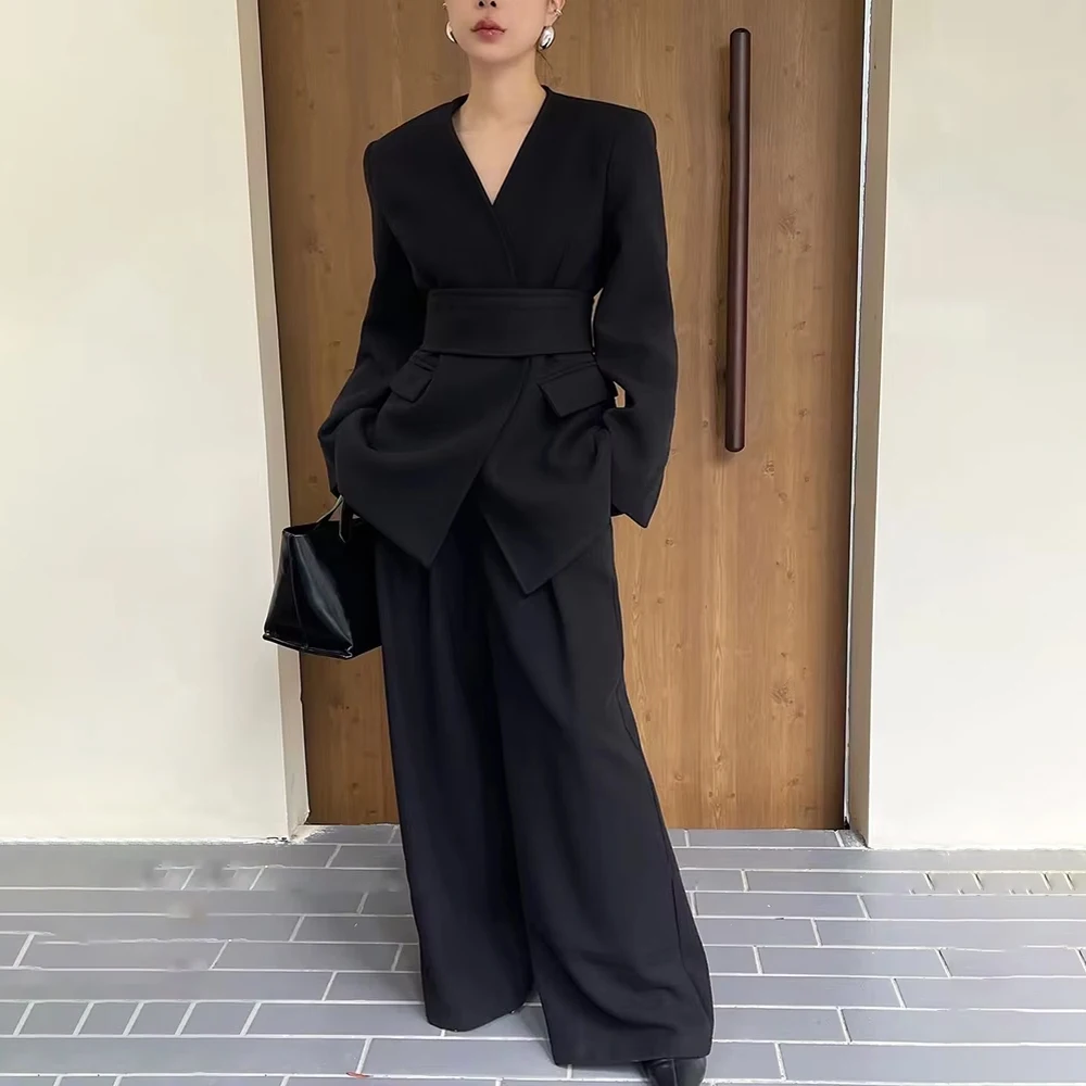 TWOTWINSTYLE Minimalist Two Piece Set For Women V Neck Long Sleeve Coat High Waist Wide Leg Pant Temperament Sets Female Style