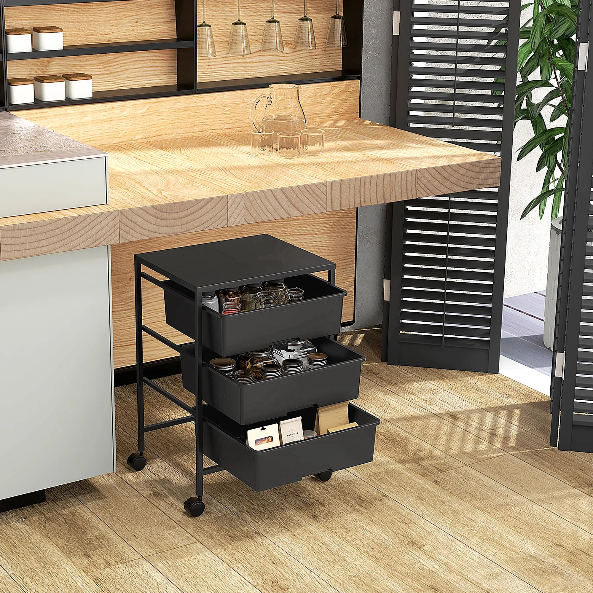 HOMCOM Carrito Auxiliar con Ruedas con 3 Cestas 40,8x33,5x60,5 cm Negro