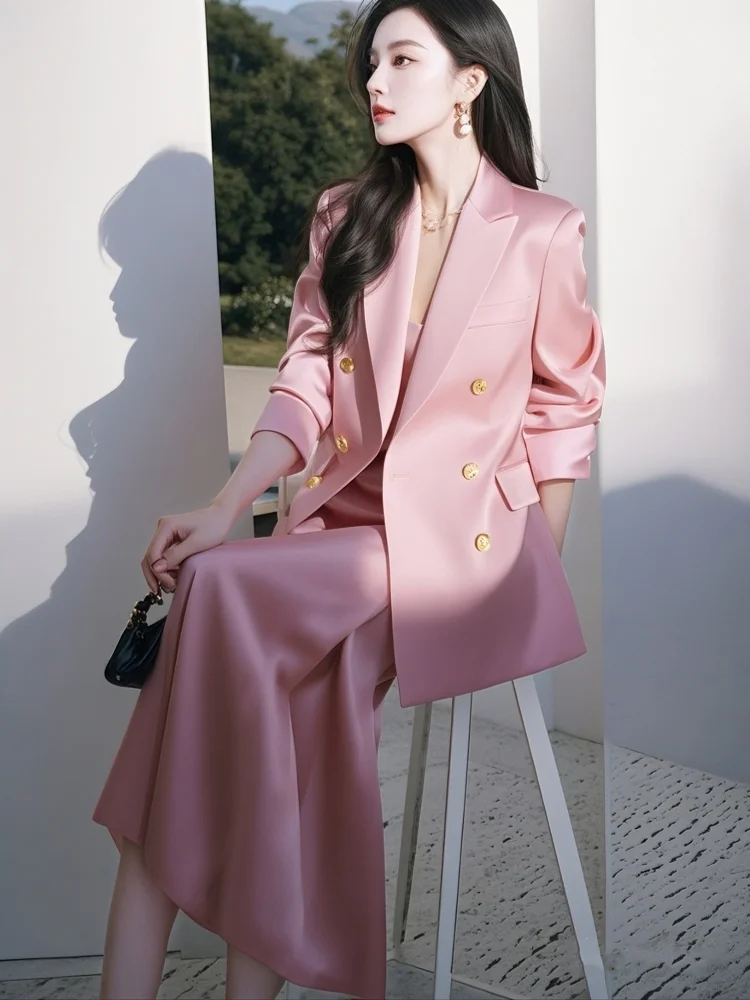

Insozkdg High end Pink Satin Suit Jacket Camisole Dress Set Spring/Autumn Loose Blazer Long Dress Two Piece Set Women Outfits