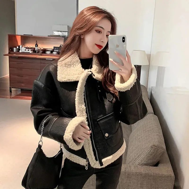 Women Short Faux Fur Jacket Winter Warm Casual Streetwear Retro Comfortable Fashion Loose Female Thick Leather Jacket Outwear