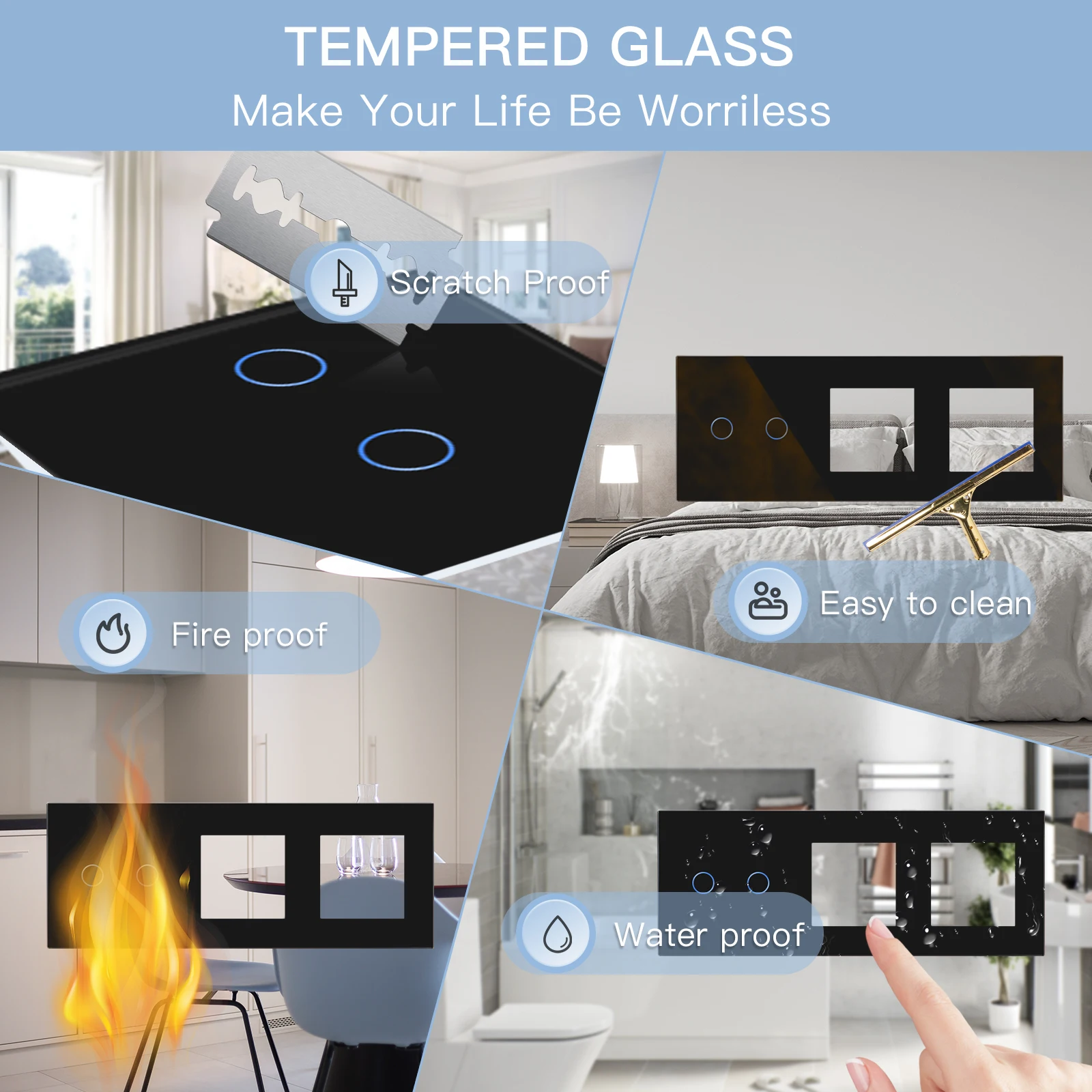 BSEED Touch Light Switch France Sockets USB C Phone Charge Crystal Glass 1/2/3Gang Wall Switches Double Sockets Black