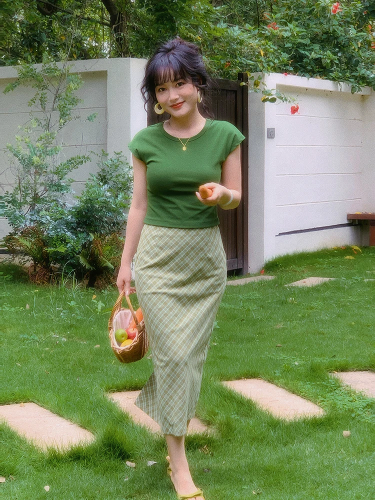 Yuan Ying Retro Green Plaid Cotton Half Skirt High Waist Back Split Women's Summer  Skirt Straight Cut Zipper Style