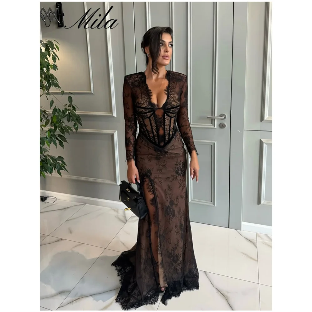 

Mila Черные кружевные платья для выпускного вечера с глубоким v-образным вырезом и высоким разрезом по индивидуальному заказу для торжественного вечера с длинными рукавами длиной до пола, платья de fiesta