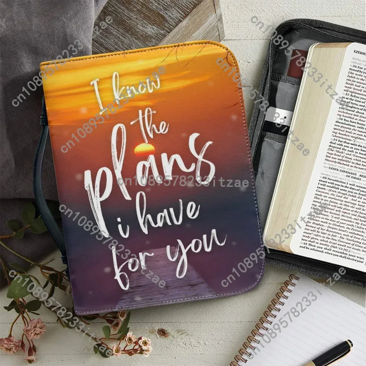 

Bible Verse Print Bible Storage Bags for Women Genuine Leather Bible Cover Case Zippered Handle Handbag Customized Christian Bag