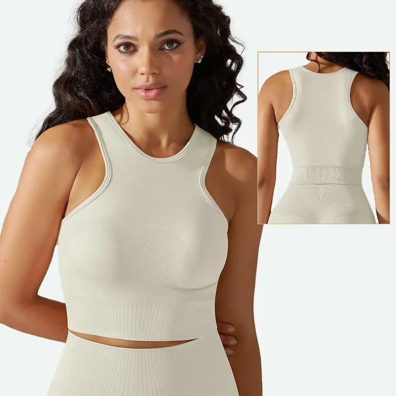 

WANAYOU Seamless Women Yoga Shirts Racer Back Sports Crop Tops Tight Fit Gym Fitness Vest Quick Dry Workout Running Tank Top