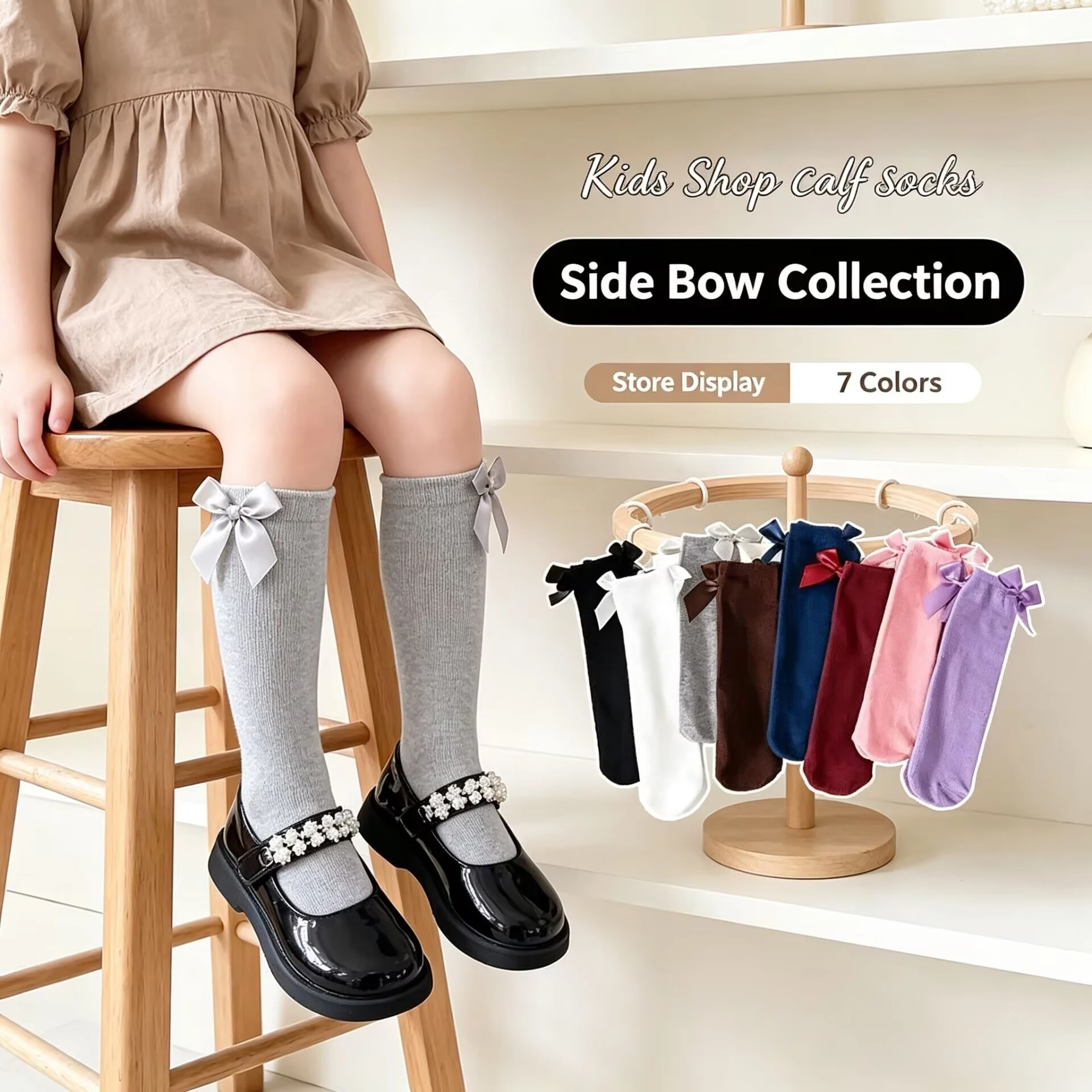 Girl's Mid Tube Socks Spring Autumn Lolita Bow Korean Version Princess Little Girl Student Solid Color Long Tube Dance Socks