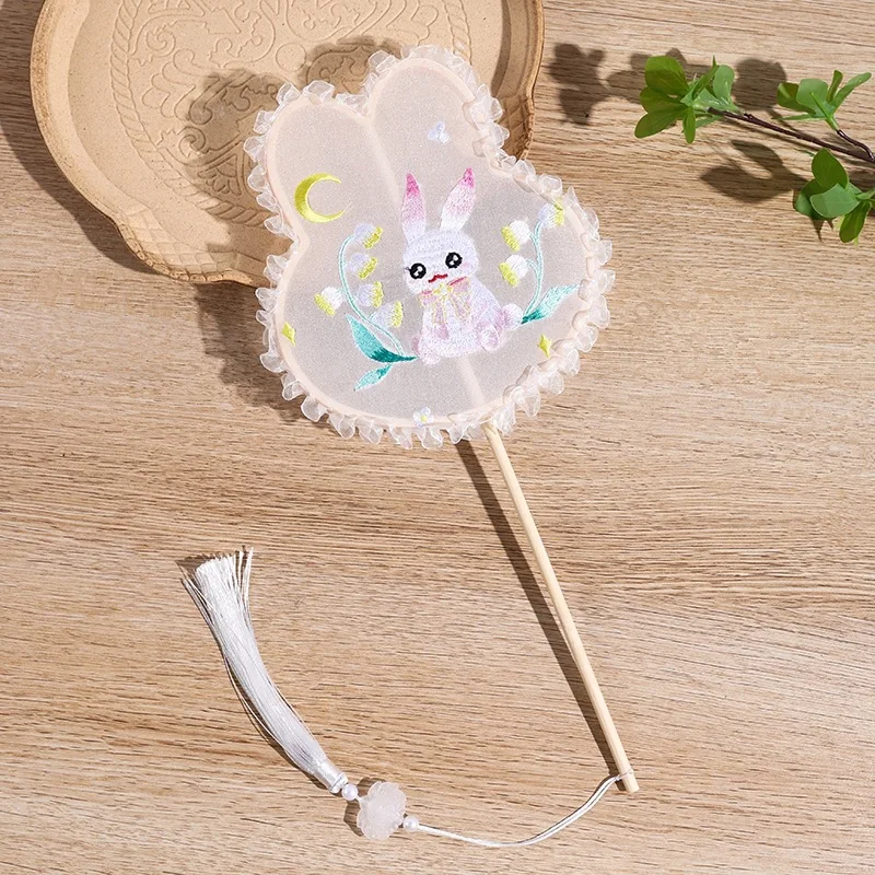 Ancient-Style round Fan Semi-transparent Embroidered Long-Handle Palace Fan with Tassels for Hanfu Qipao Summer Use