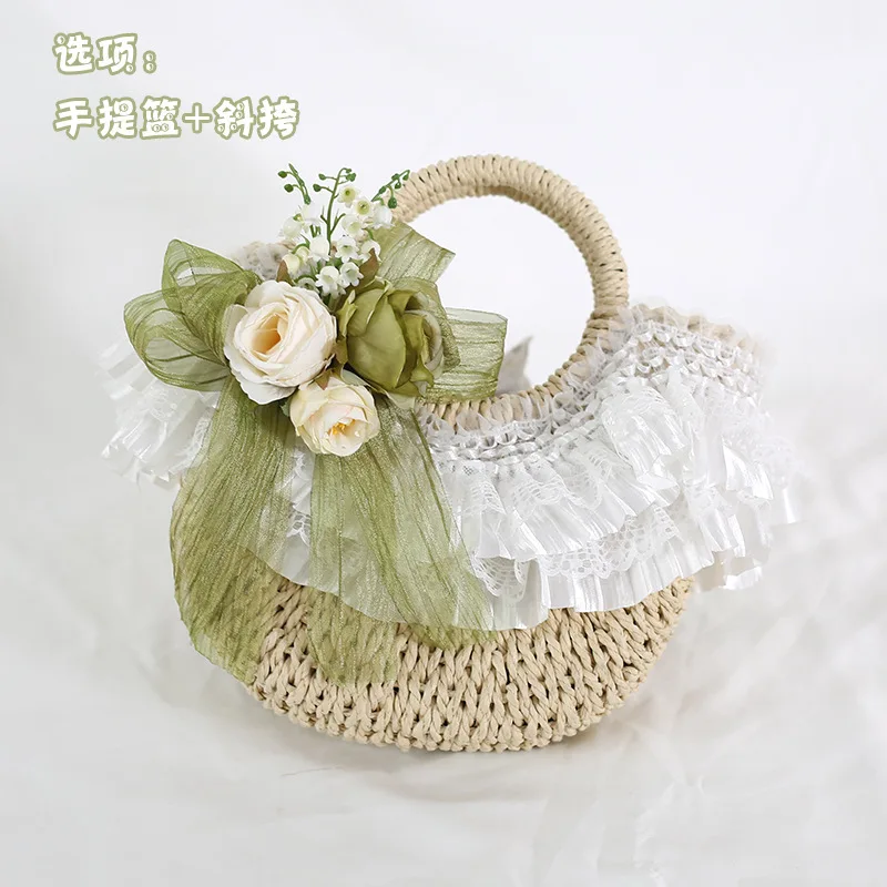 Lolita Headwear Bonette Bow Lace Straw Hat Picnic Basket Bag Girl Spring Summer Hat