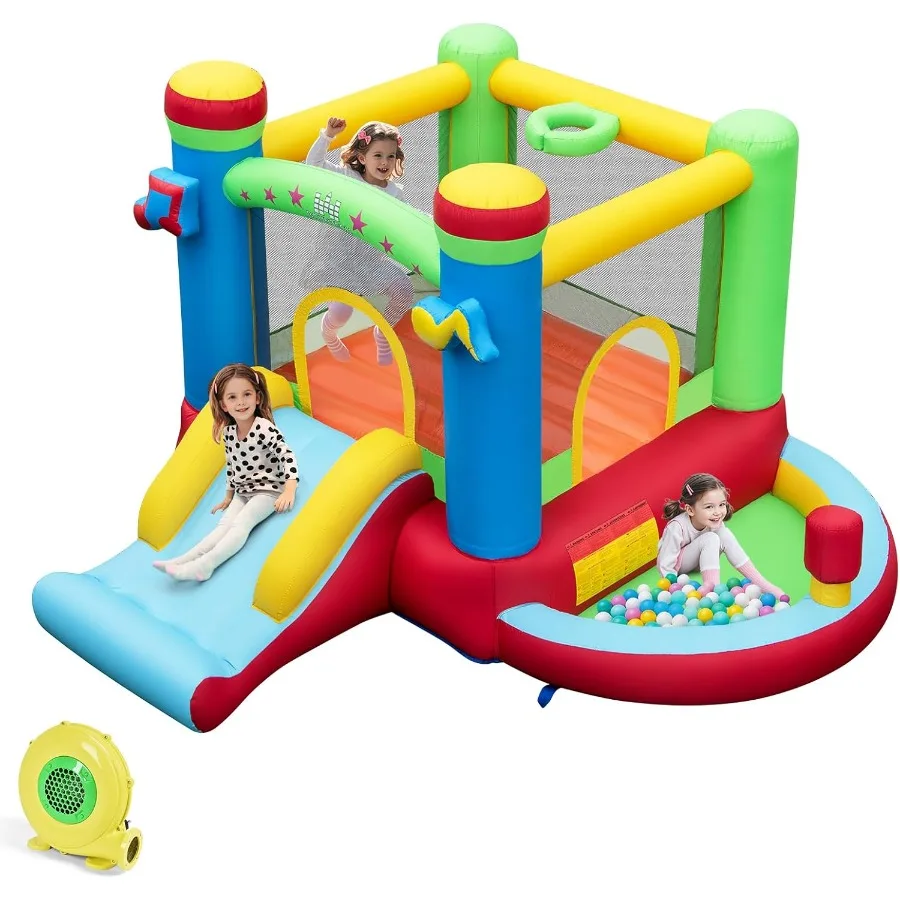 

Inflatable Bounce House with Ball Pit Bouncy House for Indoor Outdoor w/Large Jumping Area Basketball Hoop 480w Blower Mini Bou