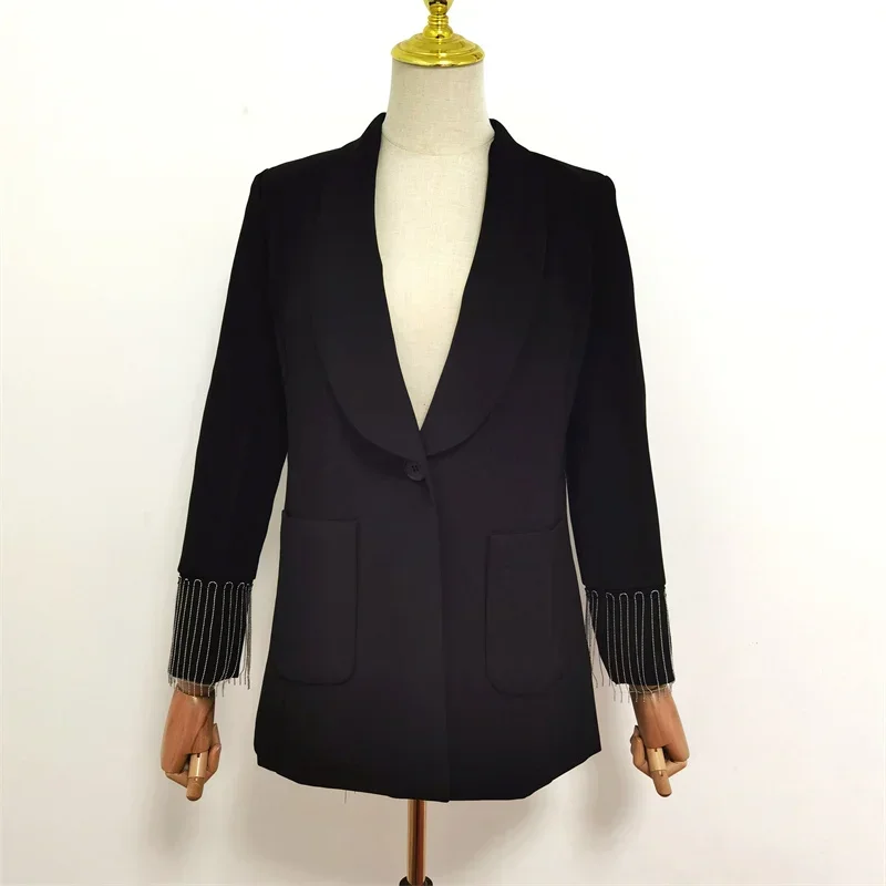 All Season Office Ladies Jackets and Coats Shawl Collar Full Sleeve Buttons Tassel Chain Split Behind Black Blazer Outerwear