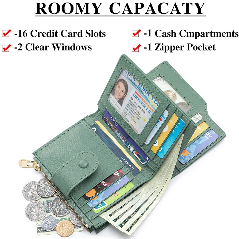 Bifold Wallet for Women Genuine Leather RFID Blocking Vertical Large Capacity with Zipper Pocket 2 ID Window, Green