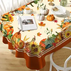 Fall Thanksgiving Pumpkin Maple Leaf Rectangle Tablecloth Holiday Party Decor Polyester Waterproof Tablecloth for Kitchen Table