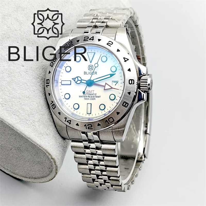 BLIGER 39mm EXP 24Hour GMT Watch For Men NH34 Movement Fixed Bezel AR Blue Sapphire Glass Waterproof White Dial Glide Clasp Band