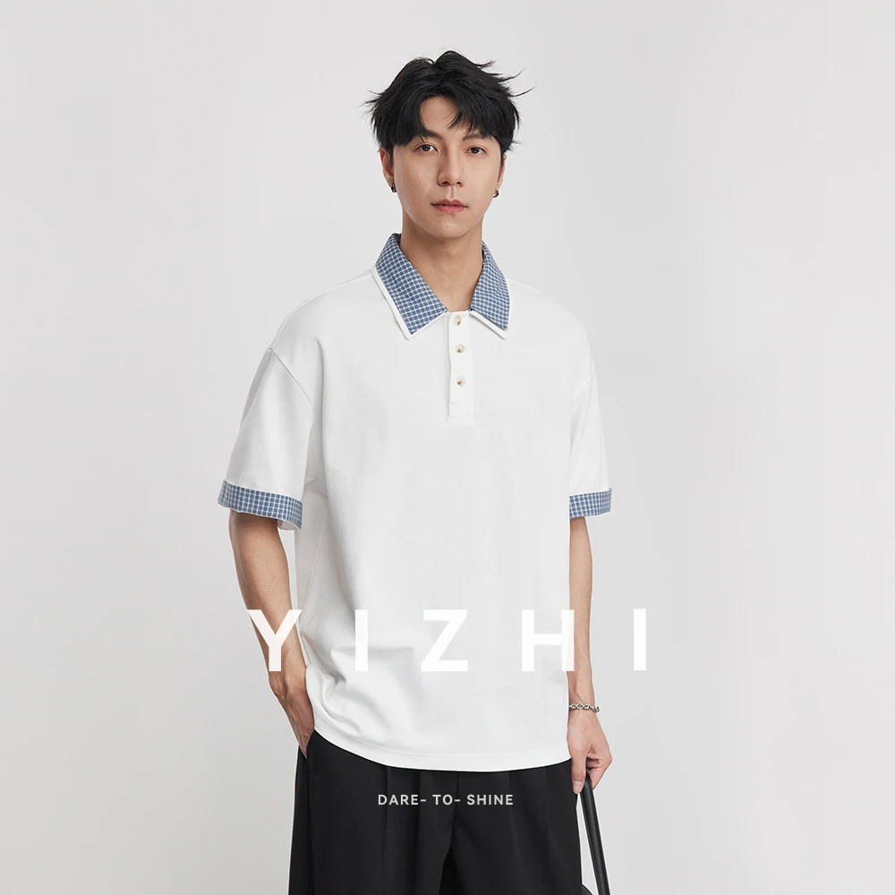 

American Retro Plaid Splicing POLO Shirt Men 2026 Summer Loose Short-sleeved T-shirt Fake Two-piece Lapel Top