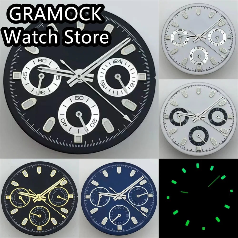 GRAMOCK 30mm VK63 Quartz Watch Dial Black White Blue Dial With Hands Set Green Luminous Fit VK63 Quartz Movement