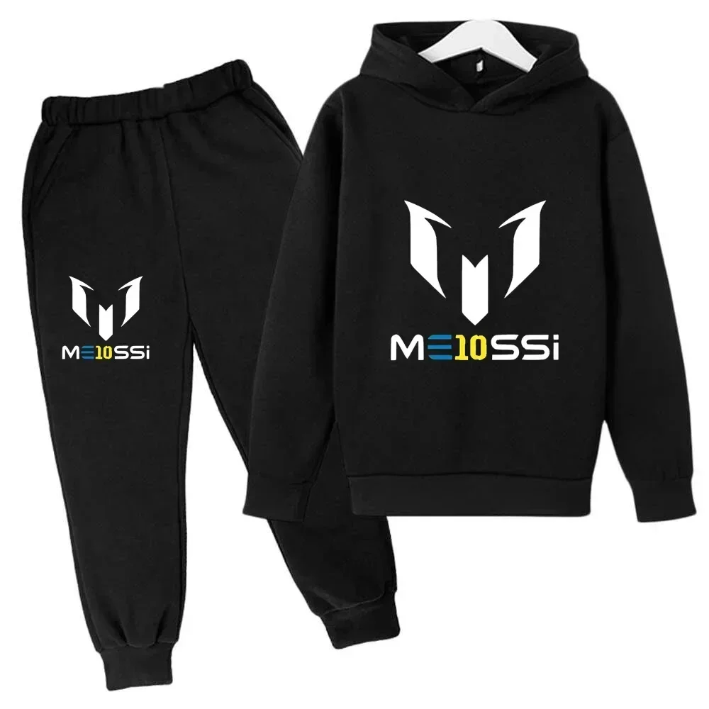 Nueva sudadera y pantalones con estampado de Messi para niños, conjunto de dos piezas, ropa de otoño para niños y niñas, traje informal con capucha de fútbol