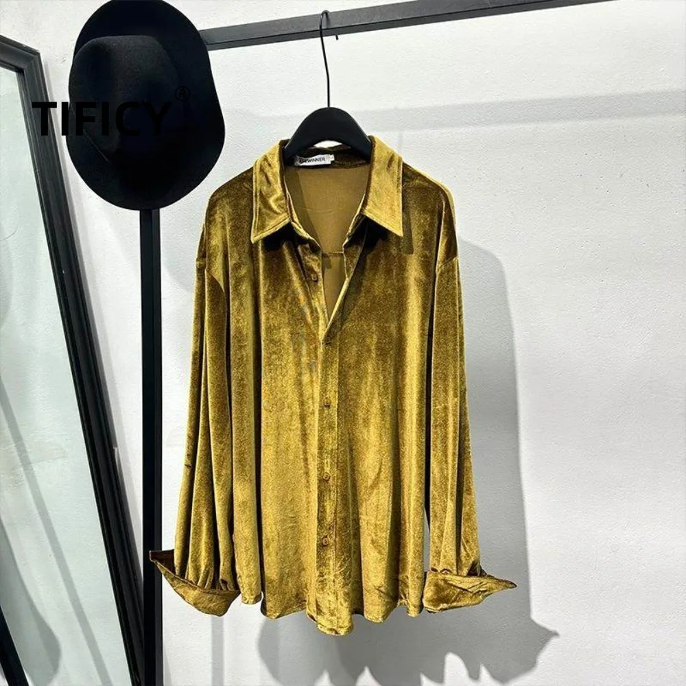 

High Street Shirts Velvet Retro Design Long Sleeved Shirt Men with A High-end Feel and A Loose Drape Shirts Tops