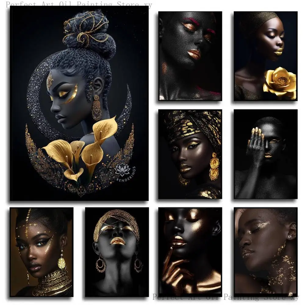 Black Skin Woman Golden Makeup Posters Living Room Bar Cafe Quality Canvas Vintage Style Comics Painting Art Home Wall Decor