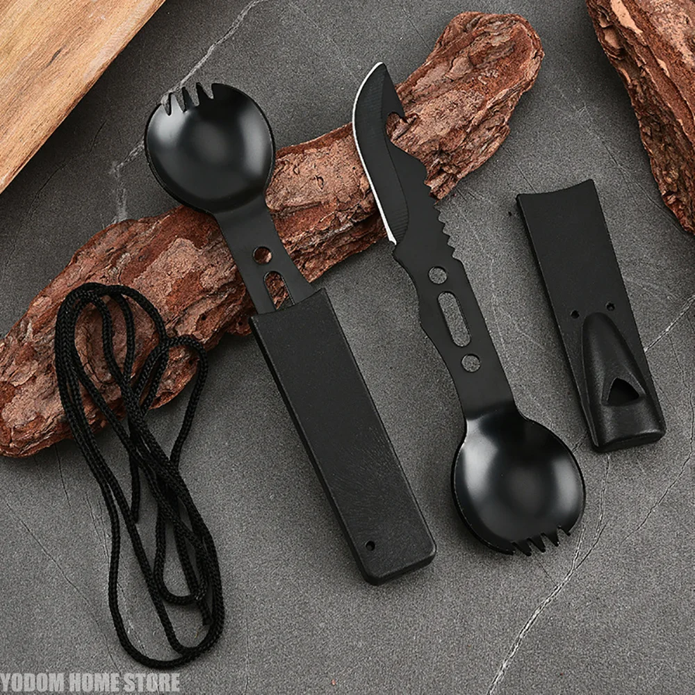 Stainless Steel Camping Tableware Three In One Knife Fork Spoon Whistle Survival Kit For Outdoor Hiking Emergency