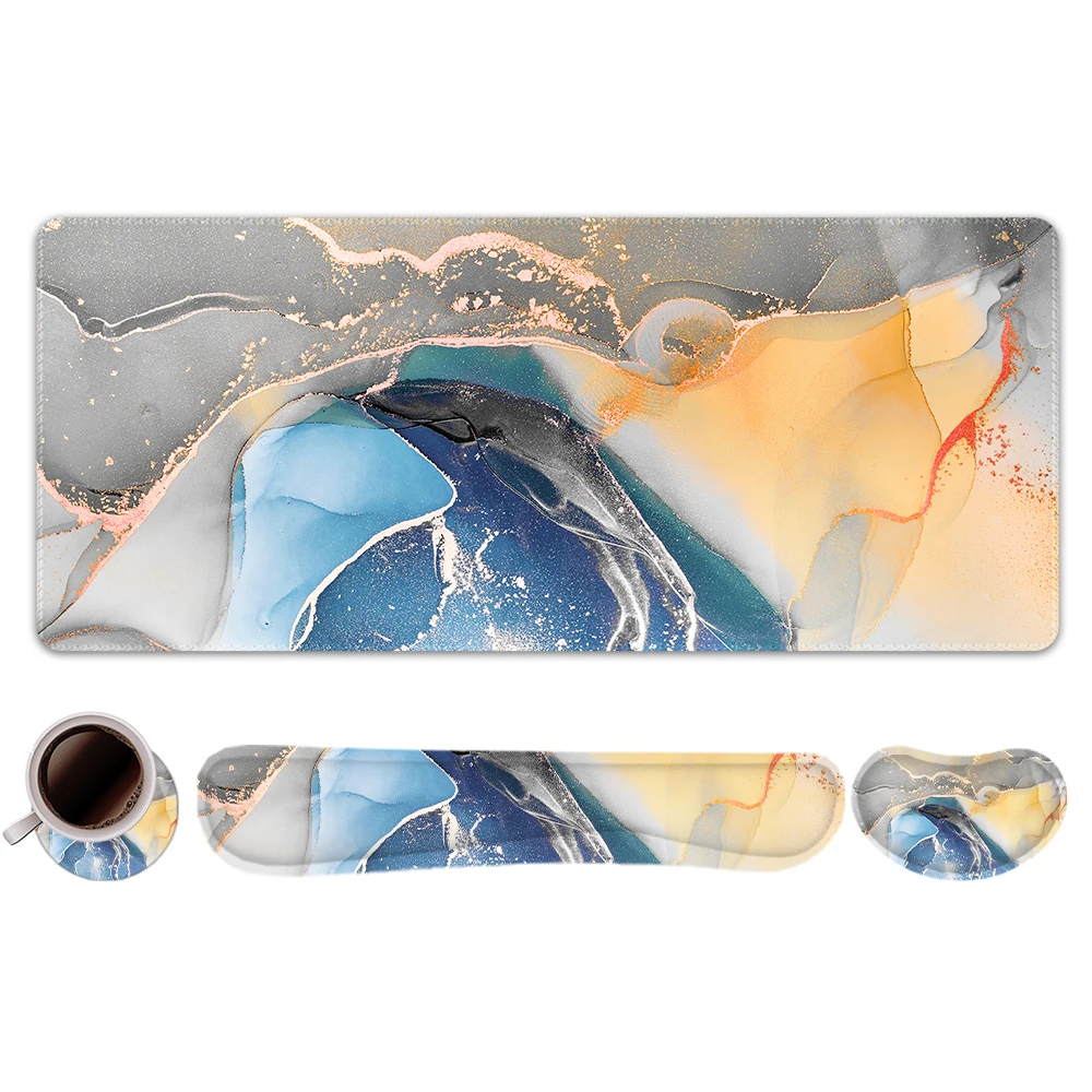 Blue, Gray and Yellow Marble Mouse Pad Four-Piece Set -The mouse pad relieve wrist pain, ultra-smooth surface, exquisite pattern