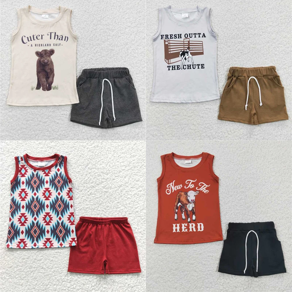 

wholesale summer hot sale western boutique clothing baby boys clothes White sleeveless shorts outfits