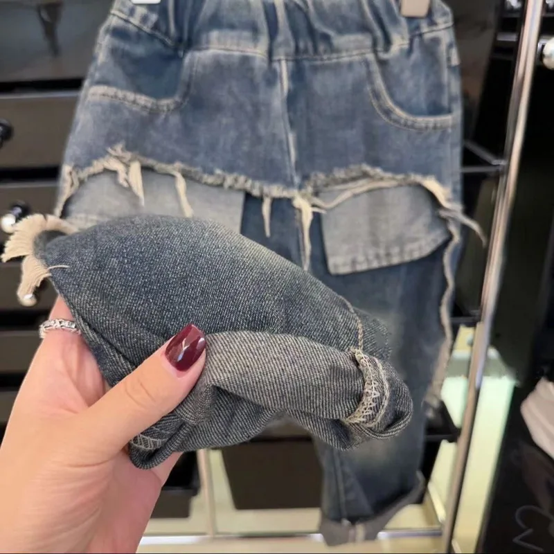 Spring Autumn Kids Jeans Casual Girls Straight Pants 2-8 Years Boys Fashion Double-layer Ripped Trousers Children Denim Jeans