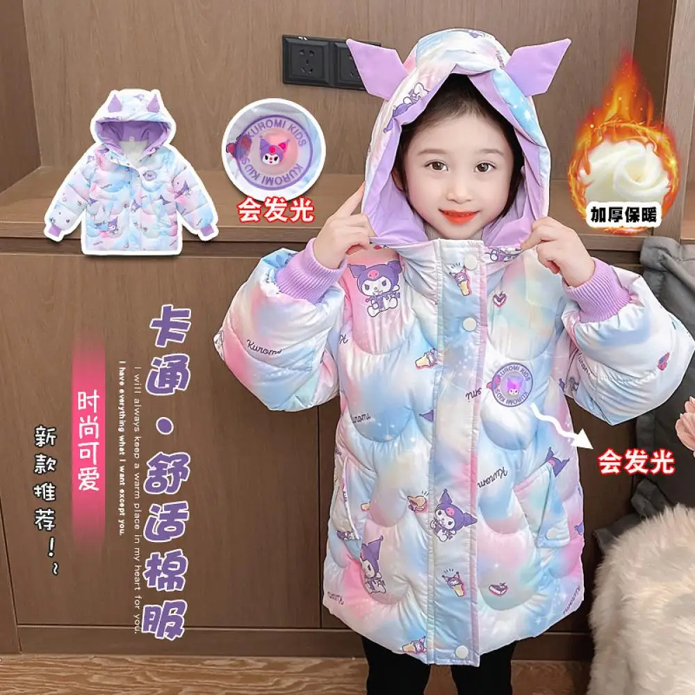 Kawaii Kuromi Thicken Child Girls Cotton Coat Sanrio Cartoon Winter Cartoon Glow Cotton Padded Jacket Kids Medium Length Tops