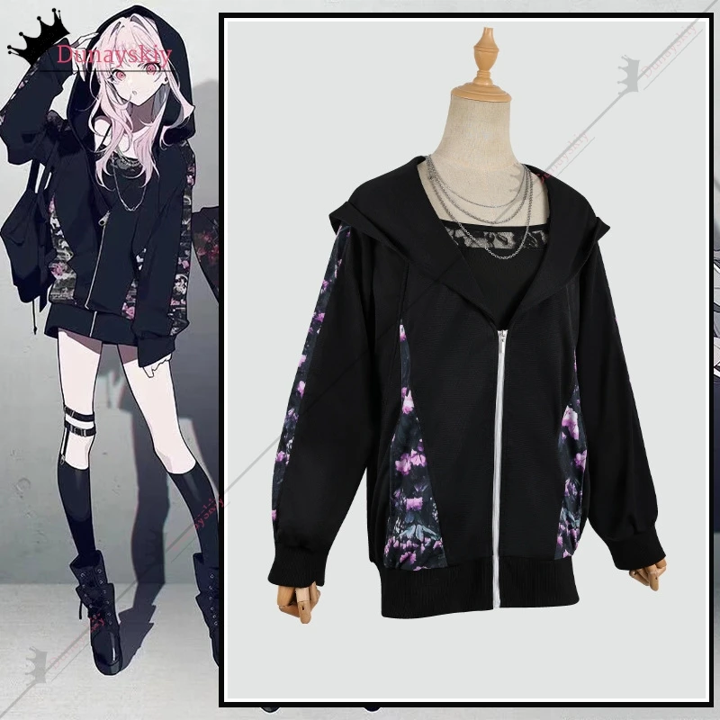 프로젝트 세카이 25 나이트코드 아키야마 미즈키 코스프레 코스튬 데일리 세트 블랙 후드티, 아키야마 미즈키 가발, 여성 크리스마스 할로윈