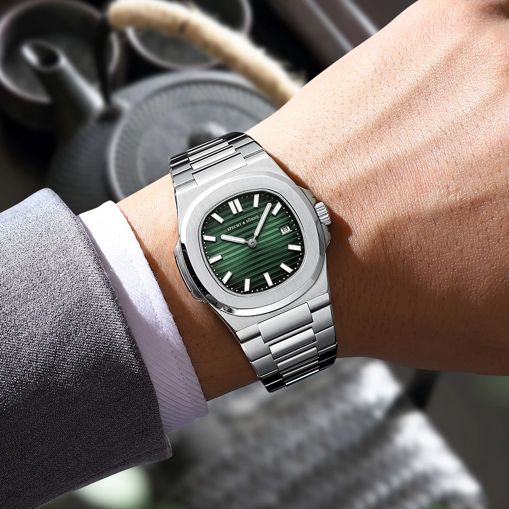 Specht & Söhne Neue klassische 5711-Uhr, ultradünne Edelstahluhr, grüne Farbe, Saphirglas, 50 m wasserdicht, Reloj Hombre