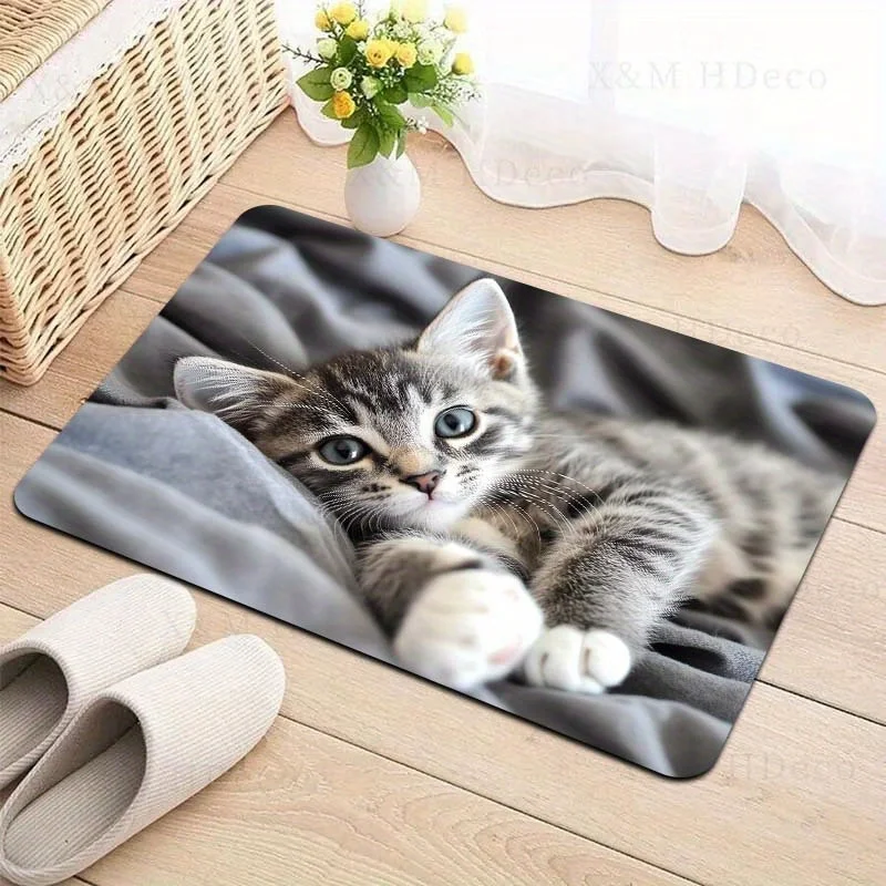 Adorable Gray Tabby Kitten Flannel Floor Mat, Soft Pet Photo Print Anti-Slip Absorbent Rug for Bedroom & Bathroom, Machine