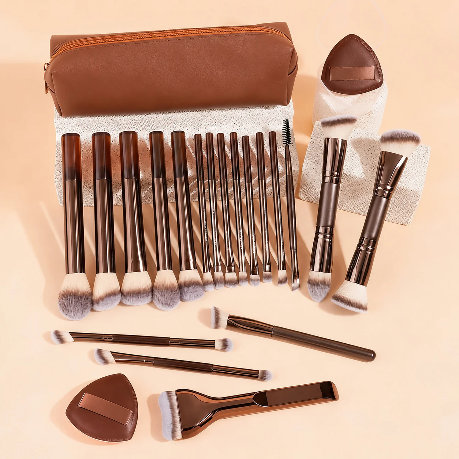 19PCS Makeup Brush Kit with PU Bag 2 Triangle Powder Puffs and Storage Box Soft Synthetic Brushes for Face Eye Foundation Blush